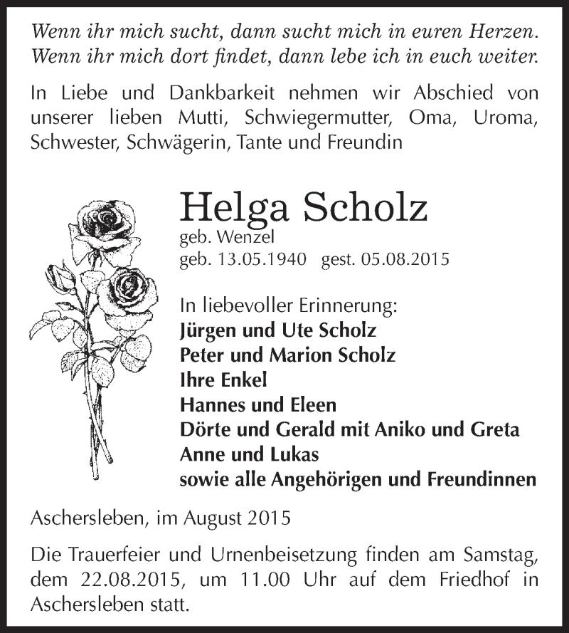  Traueranzeige für Helga Scholz vom 15.08.2015 aus Super Sonntag Aschersleben