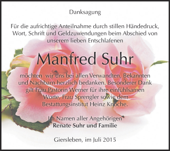Traueranzeige von Manfred Suhr von Super Sonntag Aschersleben