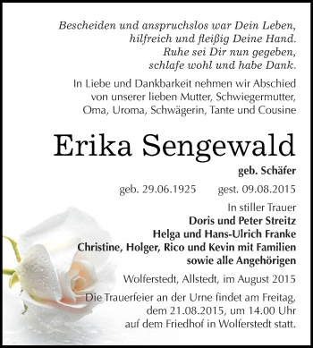 Traueranzeige von Erika Sengewald von WVG - Wochenspiegel SGH