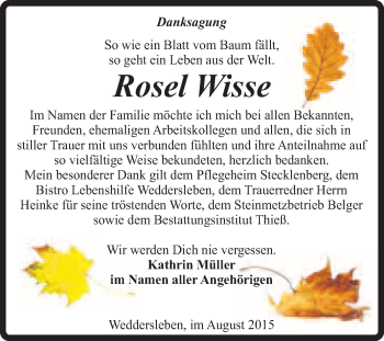 Traueranzeige von Rosel Wisse von Super Sonntag Quedlinburg