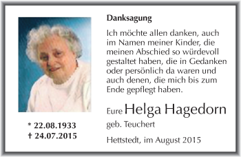 Traueranzeige von Helga Hagedorn von Mitteldeutsche Zeitung Sangerhausen