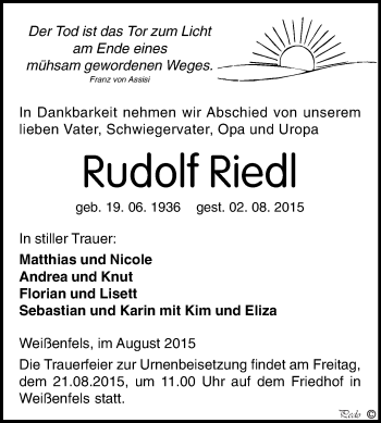 Traueranzeige von Rudolf Riedl von WVG - Wochenspiegel NMB / WSF / ZTZ