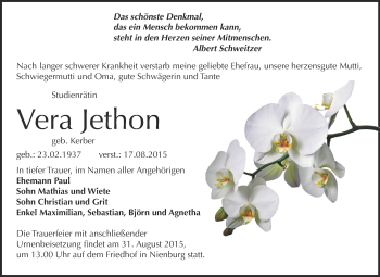 Traueranzeige von Vera Jethon von Super Sonntag Bernburg