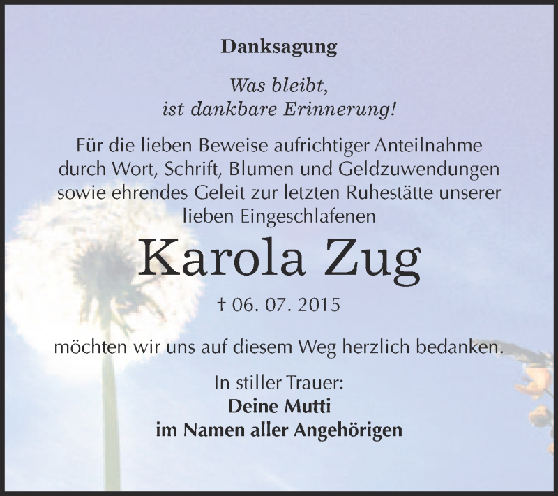  Traueranzeige für Karola Zug vom 05.08.2015 aus WVG - Wochenspiegel Bitterfeld