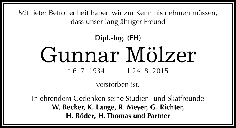  Traueranzeige für Gunnar Mölzer vom 29.08.2015 aus Mitteldeutsche Zeitung Halle/Saalkreis