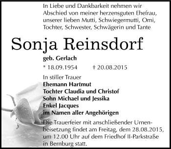 Traueranzeige von Sonja Reinsdorf von Mitteldeutsche Zeitung Bernburg
