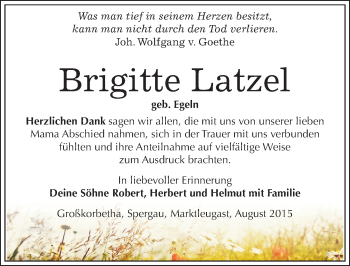 Traueranzeige von Brigitte Latzel von Mitteldeutsche Zeitung