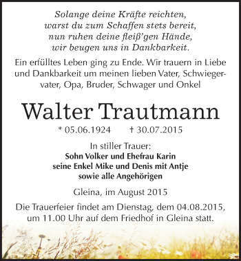 Traueranzeige von Walter Trautmann von Mitteldeutsche Zeitung Naumburg/Nebra