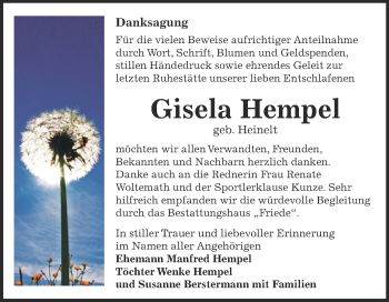 Traueranzeige von Gisela Hempel von WVG - Wochenspiegel Dessau / Köthen