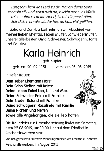 Traueranzeige von Karla Heinrich von WVG - Wochenspiegel NMB / WSF / ZTZ
