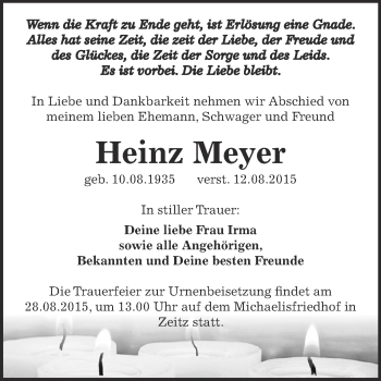 Traueranzeige von Heinz Meyer von Super Sonntag Zeitz