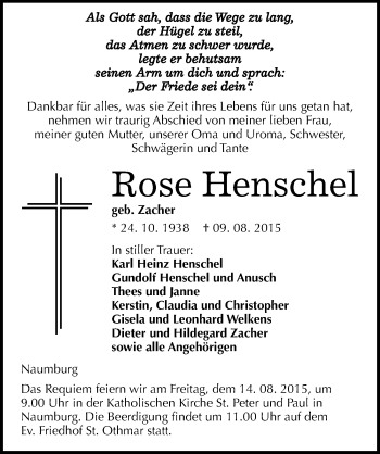Traueranzeige von Rose Henschel von Mitteldeutsche Zeitung Naumburg/Nebra