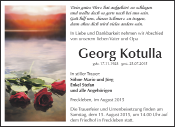 Traueranzeige von Georg Kotulla von Super Sonntag Aschersleben