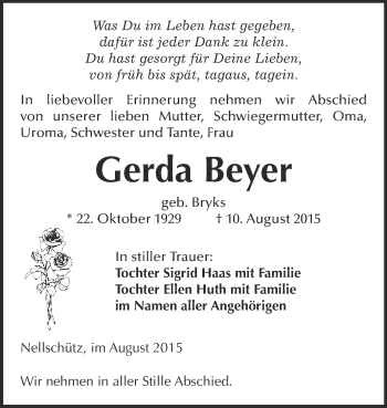Traueranzeige von Gerda Beyer von WVG - Wochenspiegel NMB / WSF / ZTZ