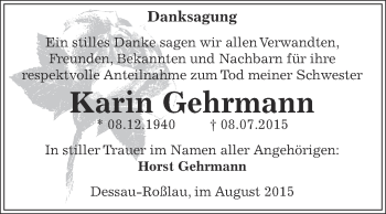 Traueranzeige von Karin Gehrmann von WVG - Wochenspiegel Dessau / Köthen