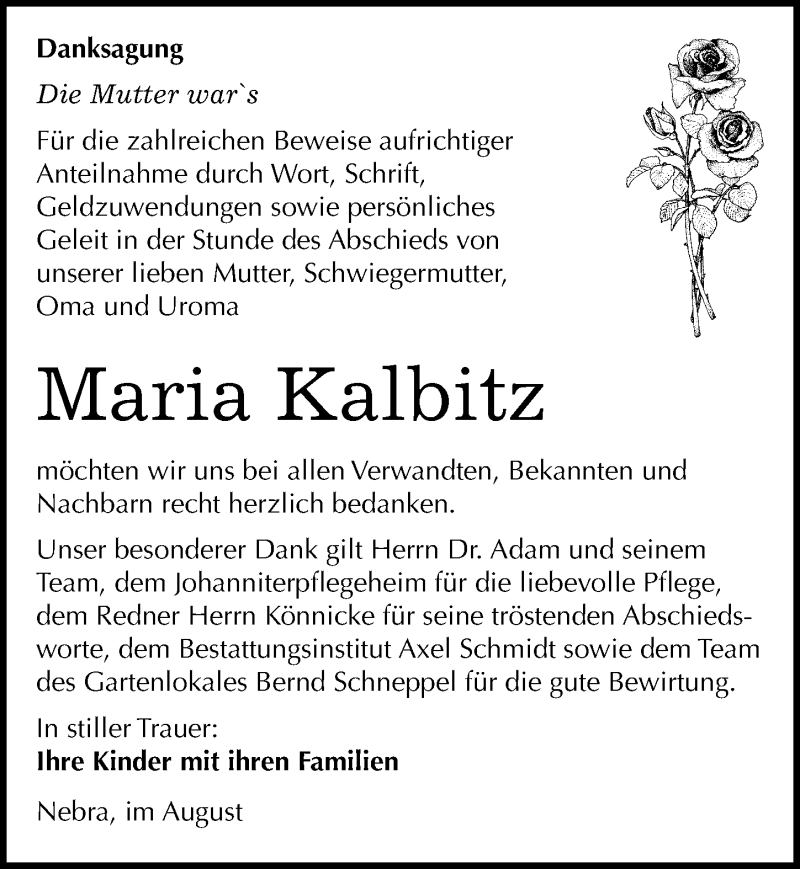  Traueranzeige für Maria Kalbitz vom 21.08.2015 aus Mitteldeutsche Zeitung Naumburg/Nebra