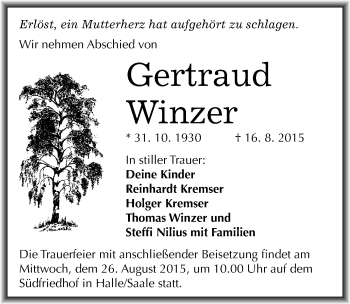 Traueranzeige von Gertraud Winzer von Mitteldeutsche Zeitung Halle/Saalkreis
