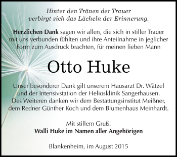 Traueranzeige von Otto Huke von WVG - Wochenspiegel SGH