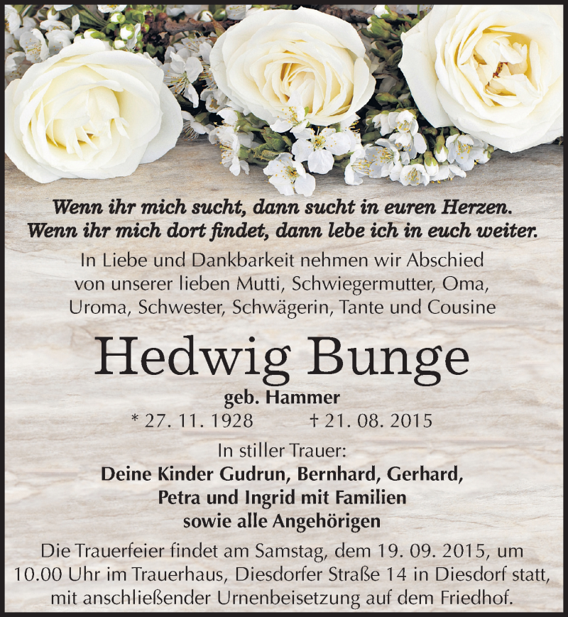  Traueranzeige für Hedwig Bunge vom 29.08.2015 aus Mitteldeutsche Zeitung Köthen
