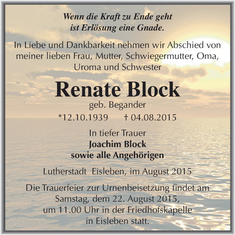  Traueranzeige für Renate Block vom 12.08.2015 aus Wochenspiegel Mansfelder Land