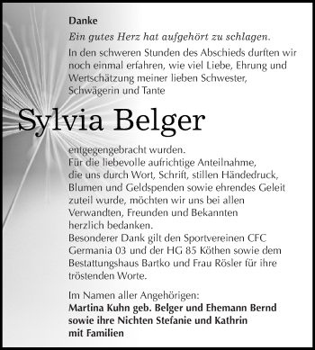Traueranzeige von Sylvia Belger von WVG - Wochenspiegel Dessau / Köthen