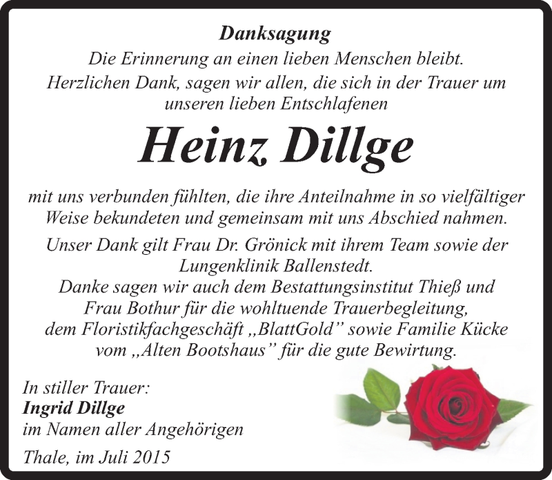  Traueranzeige für Heinz Dillge vom 01.08.2015 aus Mitteldeutsche Zeitung Quedlinburg