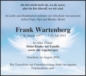 Traueranzeige von Frank Wartenberg von WVG - Wochenspiegel NMB / WSF / ZTZ