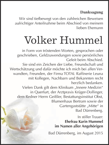 Traueranzeige von Volker Hummel von Super Sonntag Merseburg