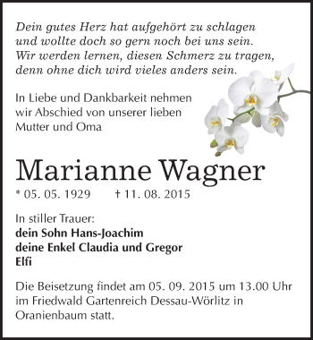 Traueranzeige von Marianne Wagner von Mitteldeutsche Zeitung Dessau-Roßlau
