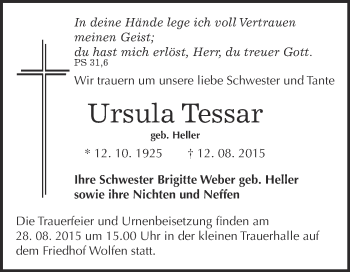 Traueranzeige von Ursula Tessar von WVG - Wochenspiegel Bitterfeld