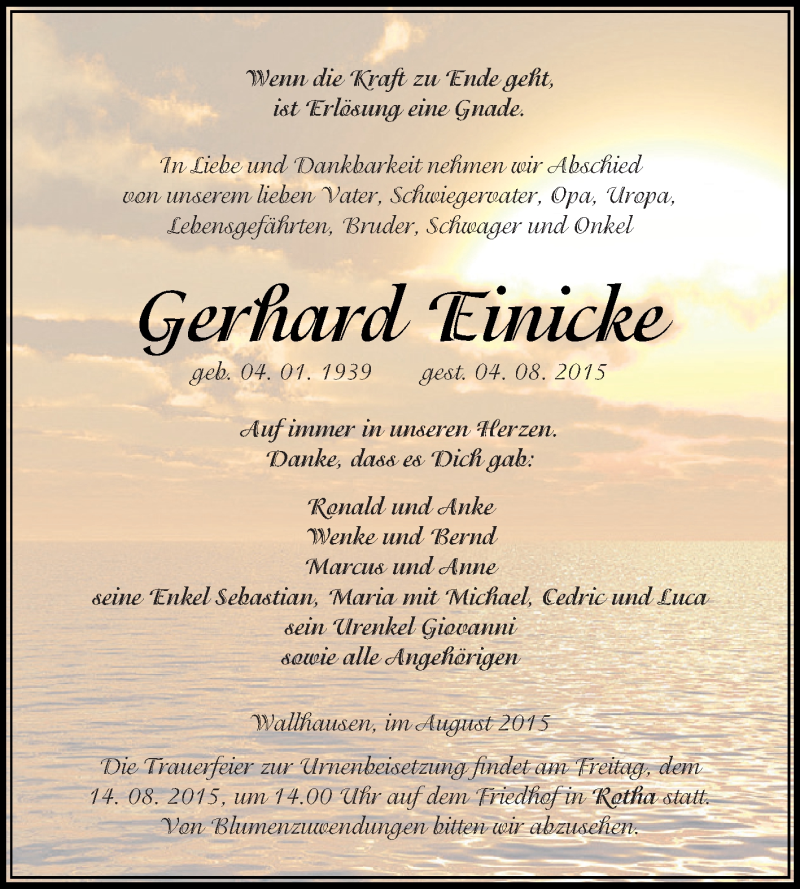  Traueranzeige für Gerhard Einicke vom 12.08.2015 aus WVG - Wochenspiegel SGH