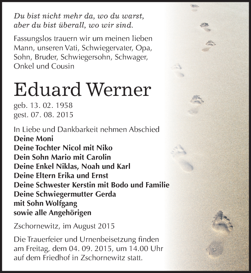  Traueranzeige für Eduard Werner vom 20.08.2015 aus Mitteldeutsche Zeitung Wittenberg