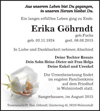 Traueranzeige von Erika Göhrndt von Super Sonntag SGH Mansf. Land