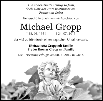 Traueranzeige von Michael Gropp von Mitteldeutsche Zeitung Weißenfels