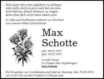 Traueranzeige von Max Schotte von Mitteldeutsche Zeitung Halle/Saalkreis
