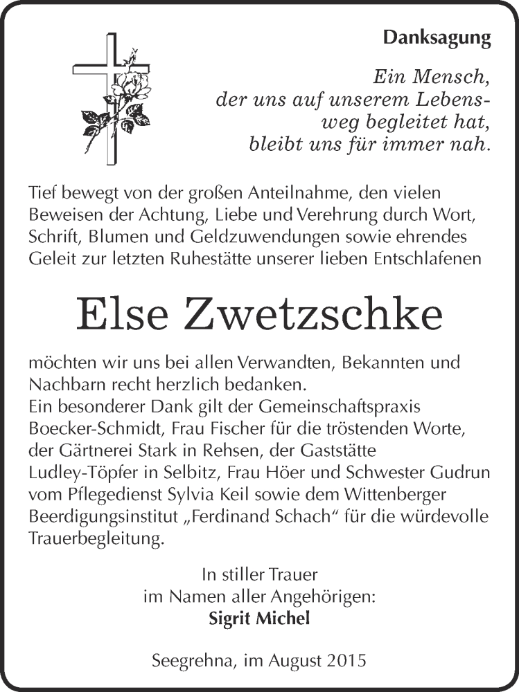  Traueranzeige für Else Zwetzschke vom 29.08.2015 aus WVG - Wochenspiegel Wittenberg