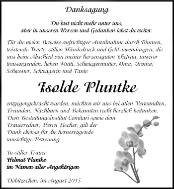 Traueranzeige von Isolde Pluntke von Mitteldeutsche Zeitung Zeitz