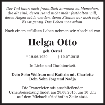 Traueranzeige von Helga Otto von Super Sonntag Zeitz
