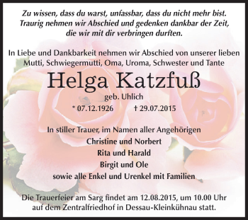 Traueranzeige von Helga Katzfuß von WVG - Wochenspiegel Dessau / Köthen