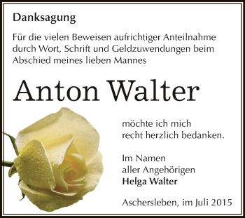 Traueranzeige von Anton Walter von Super Sonntag Aschersleben