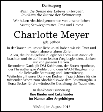 Traueranzeige von Charlotte Meyer von Mitteldeutsche Zeitung Sangerhausen