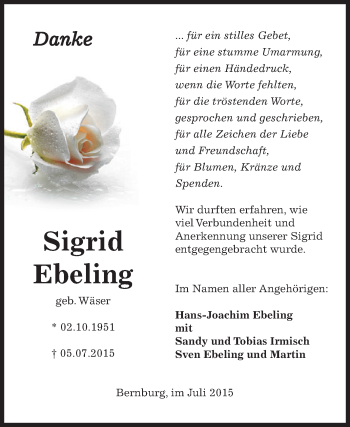 Traueranzeige von Sigrid Ebeling von Super Sonntag Bernburg