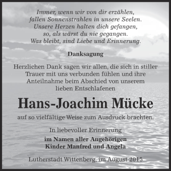 Traueranzeige von Hans-Joachim Mücke von Super Sonntag Wittenberg