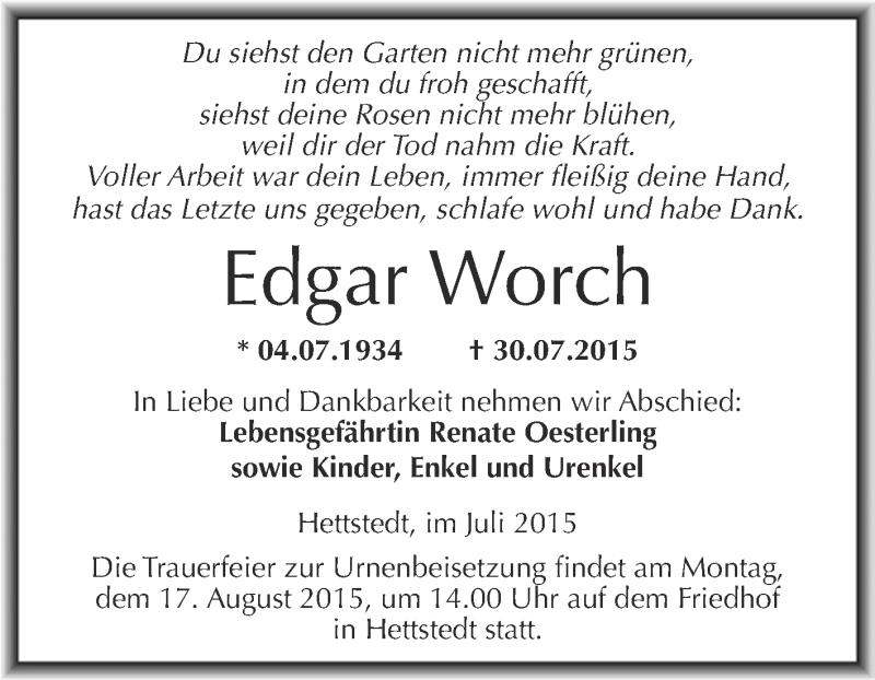  Traueranzeige für Edgar Worch vom 05.08.2015 aus Wochenspiegel Mansfelder Land