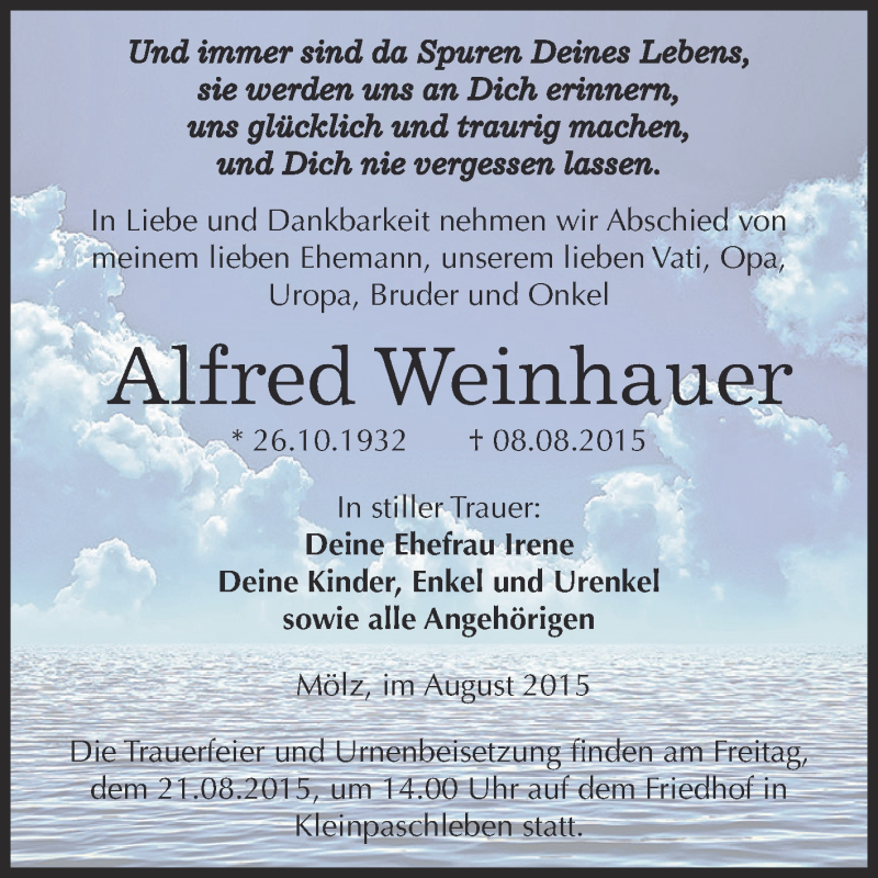  Traueranzeige für Alfred Weinhauer vom 15.08.2015 aus WVG - Wochenspiegel Dessau / Köthen