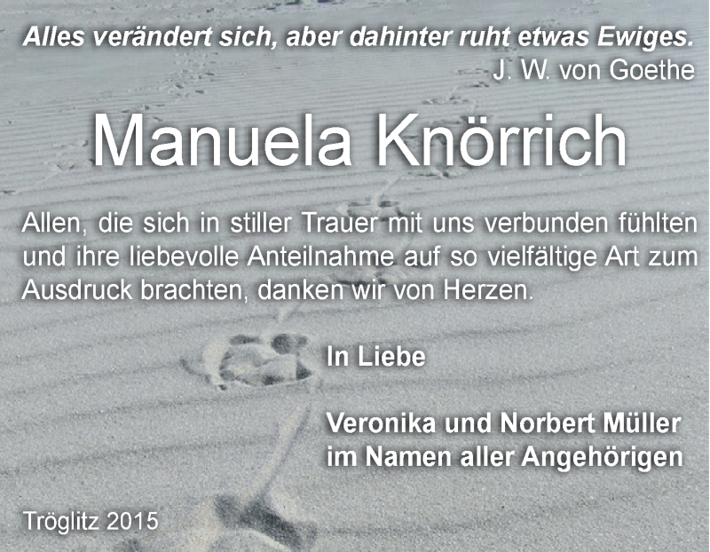  Traueranzeige für Manuela Knörrich vom 08.08.2015 aus Super Sonntag Zeitz