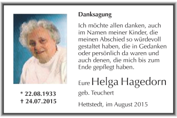 Traueranzeige von Helga Hagedorn von Wochenspiegel Mansfelder Land
