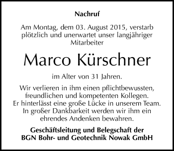 Traueranzeige von Marco Kürschner von Mitteldeutsche Zeitung Sangerhausen