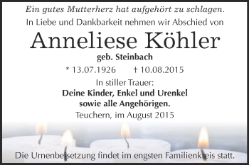 Traueranzeige von Anneliese Köhler von WVG - Wochenspiegel NMB / WSF / ZTZ
