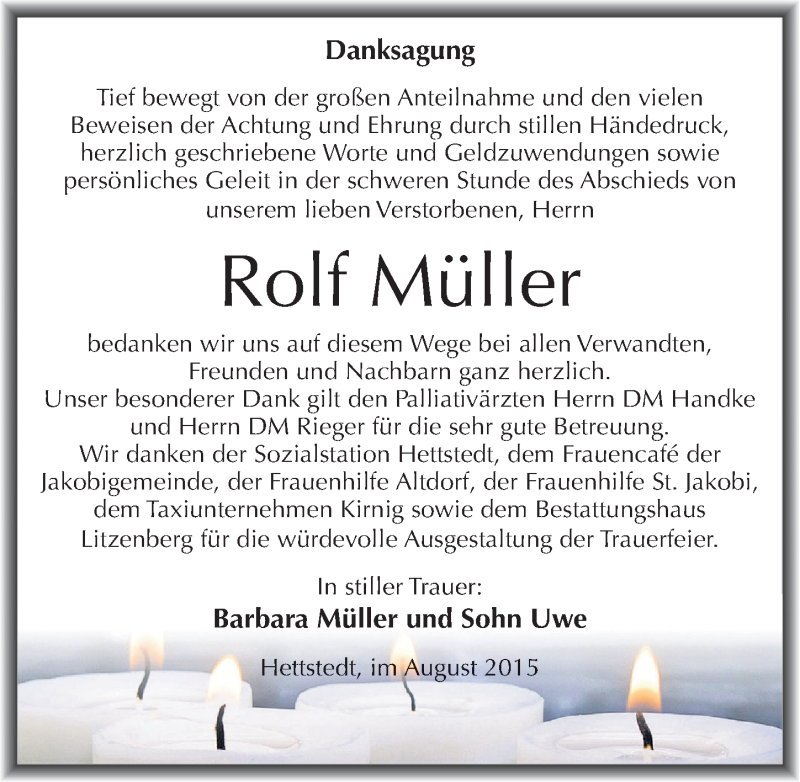  Traueranzeige für Rolf Müller vom 22.08.2015 aus Mitteldeutsche Zeitung Mansfelder Land